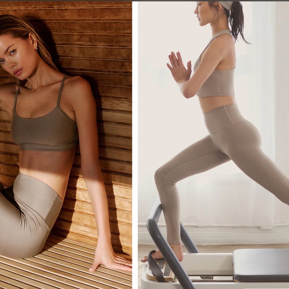 ALO Yoga High-Waist Leggings and Matching Sports Bra in Taupe